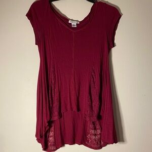 Adobe Star Deep Red Tunic Top with lace panels flared bottom oversized Medium